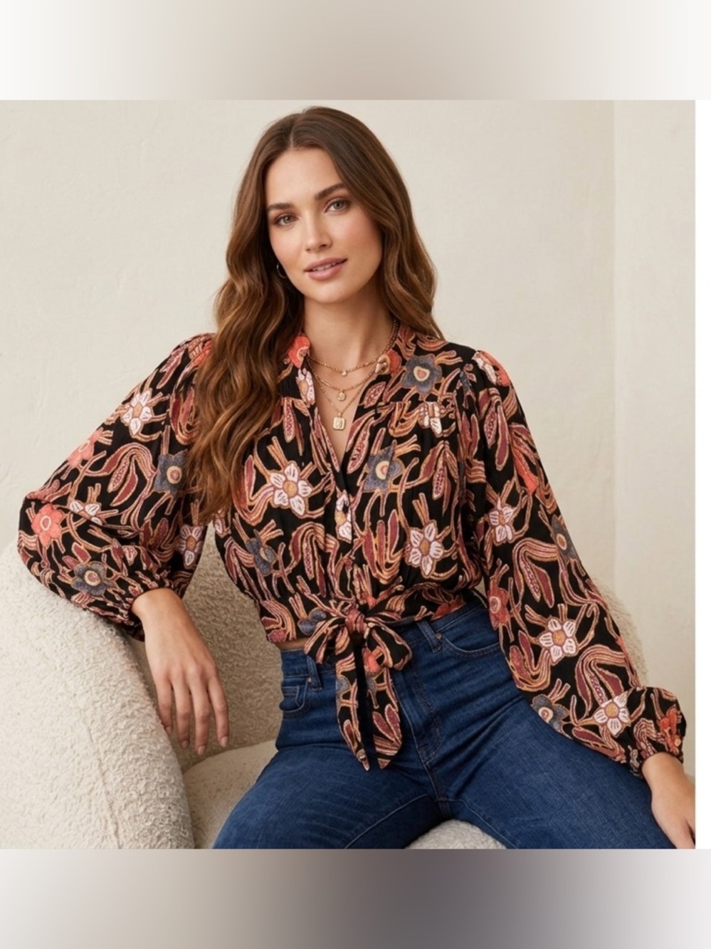 Christian Siriano Top Womens Medium Abstract Floral Cropped Batwing Sleeve Boho